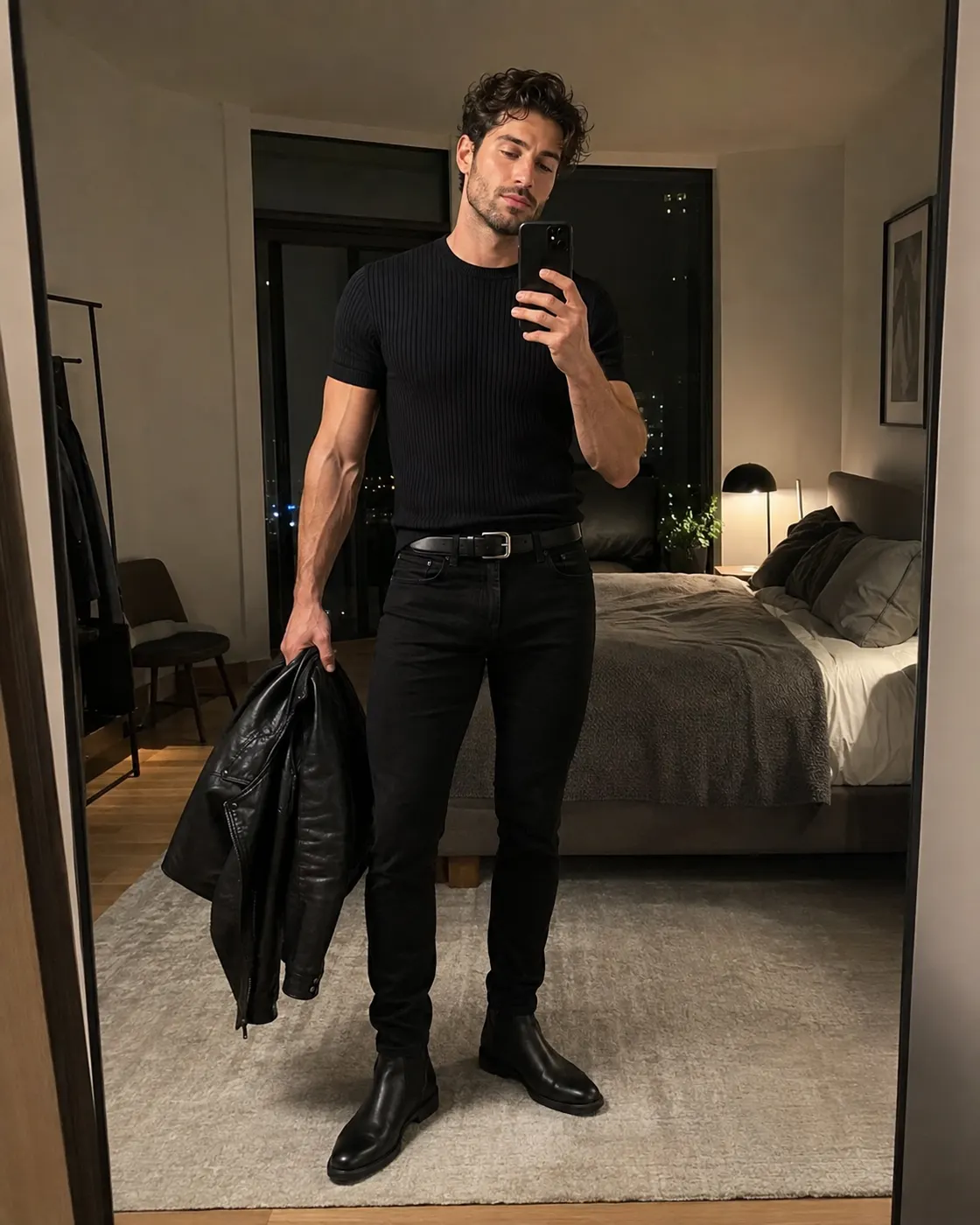 A man in a fitted black t-shirt and black jeans holding a leather jacket beside a made bed.