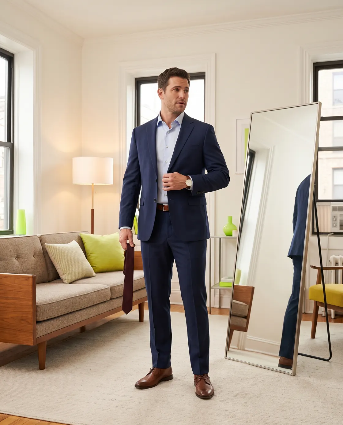 A man in a navy suit holding a tie, standing beside a full-length mirror in a living room.