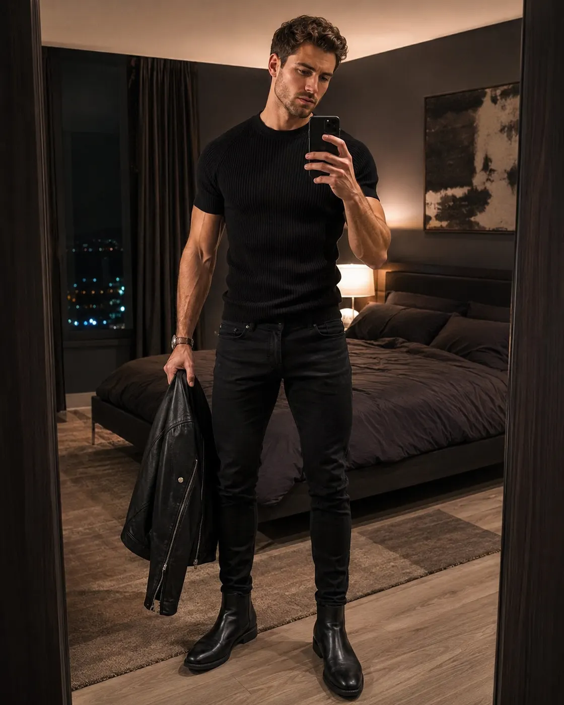 A man in a fitted black t-shirt and black jeans holding a leather jacket, city lights behind him.