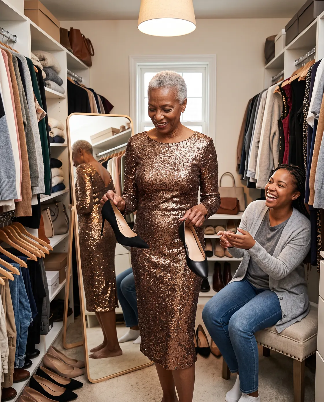 An older woman with silver hair in a long bronze sequinned dress in a walk-in wardrobe, a friend holding up two pairs of shoes.