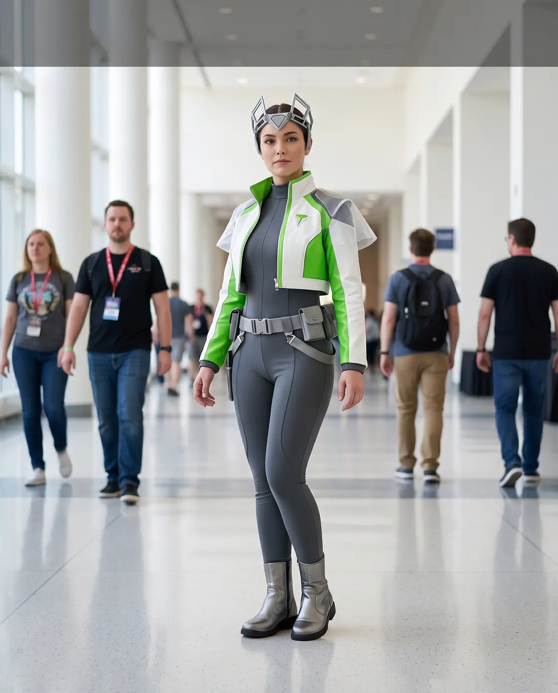 A person in a white and green armoured costume with a helmet, walking through a convention hall.