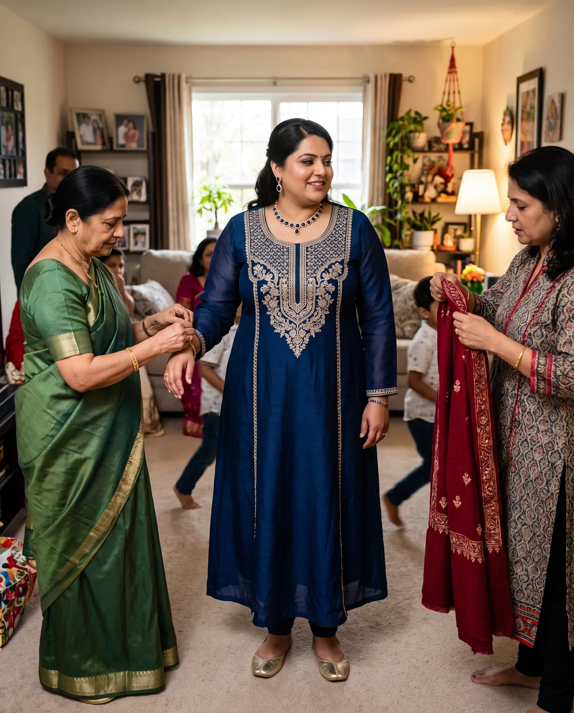 A woman in an embroidered navy anarkali standing in a family living room while two relatives adjust her sleeve and hold up a red dupatta.