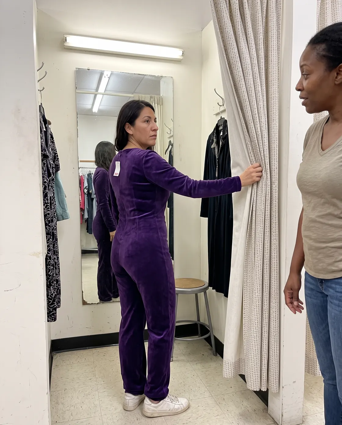 A woman in a purple velour tracksuit holding open a fitting-room curtain while a shop assistant looks on.
