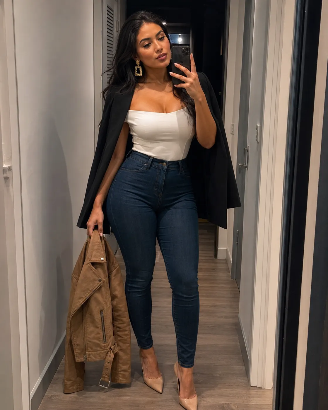A woman in a white top and dark jeans with a black blazer over one shoulder, holding a tan suede jacket.