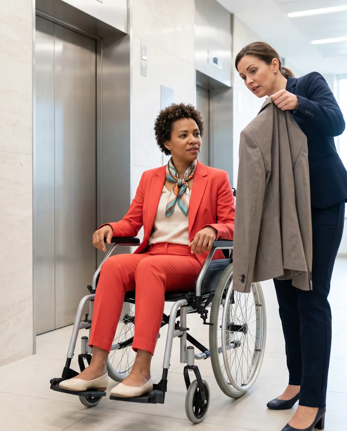 A woman in a red trouser suit and patterned scarf seated in a wheelchair in an office lobby, while a colleague holds up a grey coat.