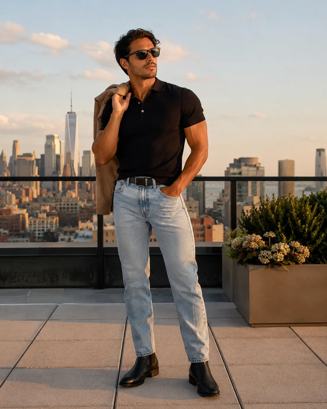 A man in a black polo and light jeans on a New York rooftop at golden hour, jacket over his shoulder.