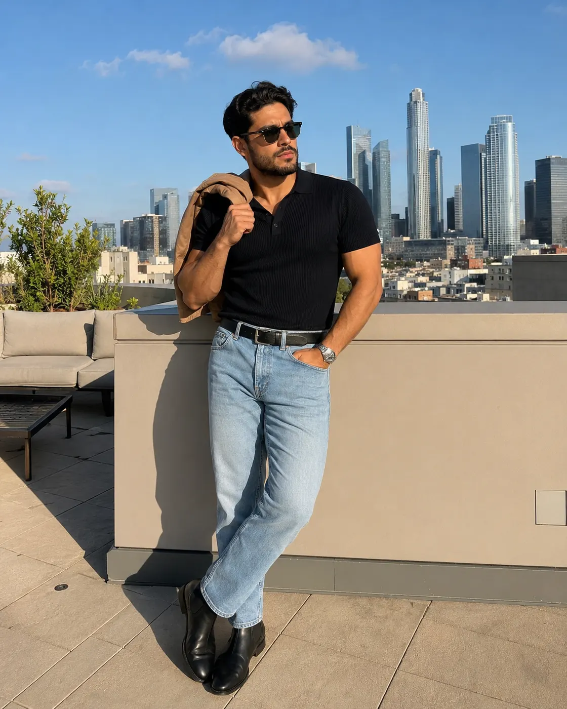 A man in a black polo and light jeans leaning against a wall on a rooftop with a city skyline behind him.