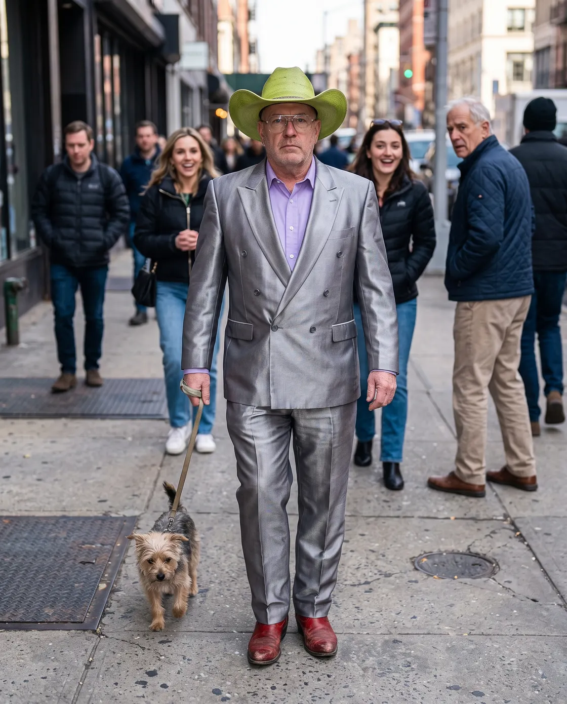 An older man in a shiny silver double-breasted suit, lilac shirt and pale green cowboy hat walking a small dog on a busy pavement.
