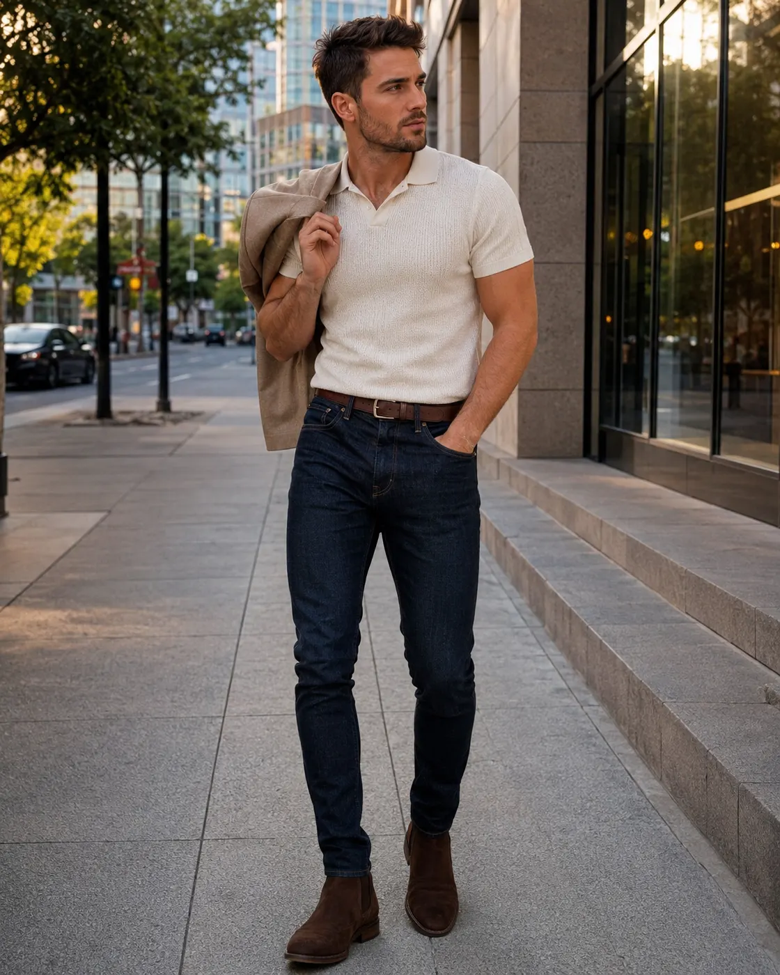 A man in a cream knitted polo, dark jeans and brown suede boots walking a city street in daylight.